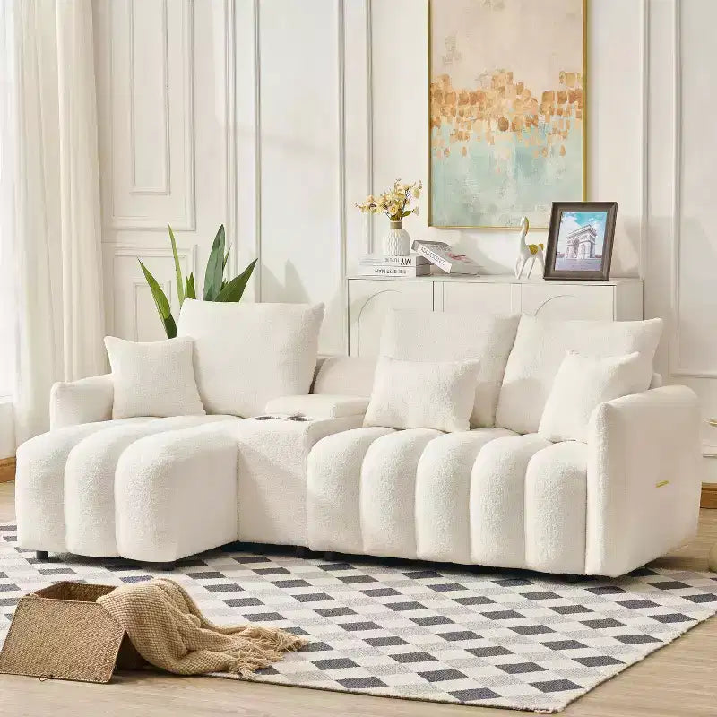 92" Teddy Fur Fabric Corner Sofa with Center Console, USB Ports & Coffee Table - White