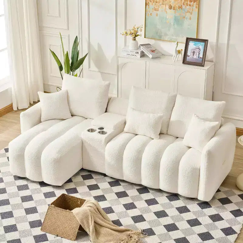 92" Teddy Fur Fabric Corner Sofa with Center Console, USB Ports & Coffee Table - White