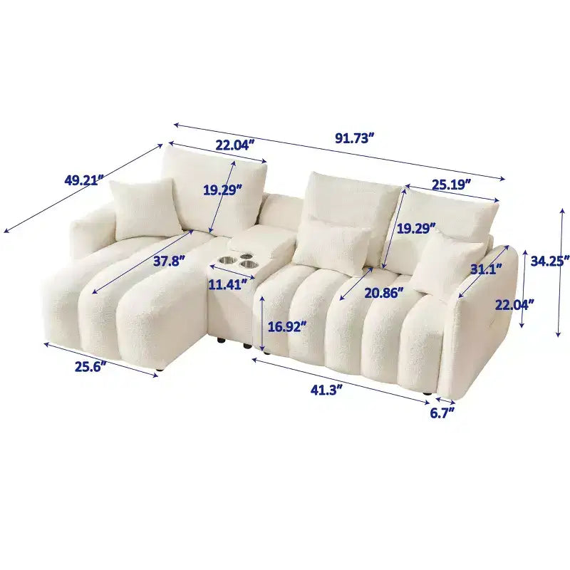 92" Teddy Fur Fabric Corner Sofa with Center Console, USB Ports & Coffee Table - White