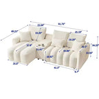 Canapé d'angle en tissu Teddy 234 cm avec console centrale, ports USB et table basse - Blanc