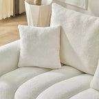 Canapé d'angle en tissu Teddy 234 cm avec console centrale, ports USB et table basse - Blanc