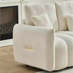Canapé d'angle en tissu Teddy 234 cm avec console centrale, ports USB et table basse - Blanc