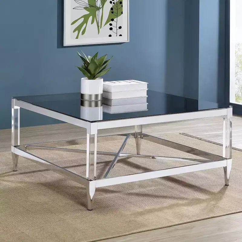 Square Mirrored Tempered Glass Coffee Table with Acrylic Legs & Chrome Frame, 35.25"
