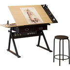 Adjustable Height Drawing Table with 0-75 Tilt, Adult Art Table, with Two Storage Drawers and a Stool, Art Table, Painter Drawing Table, White Oak