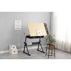 Table à Dessin Réglable en Hauteur avec Inclinaison 0-75°, Table d'Artiste Adulte, avec Deux Tiroirs de Rangement et un Tabouret, Table d'Art, Table à Dessin pour Peintre, Chêne Blanc