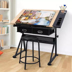 Table à Dessin Réglable en Hauteur avec Inclinaison 0-75°, Table d'Artiste Adulte, avec Deux Tiroirs de Rangement et un Tabouret, Table d'Art, Table à Dessin pour Peintre, Chêne Blanc