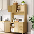 71 Rattan Kitchen Pantry Storage Cabinet, Buffet Cabinet with Microwave Stand, Adjustable Shelves and 6 Hooks Natural