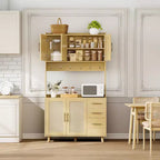 Meuble de rangement de cuisine en rotin 71 po, buffet avec support pour micro-ondes, étagères réglables et 6 crochets, naturel