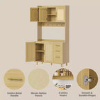 Meuble de rangement de cuisine en rotin 71 po, buffet avec support pour micro-ondes, étagères réglables et 6 crochets, naturel
