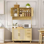 Meuble de rangement de cuisine en rotin 71 po, buffet avec support pour micro-ondes, étagères réglables et 6 crochets, naturel
