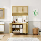 Meuble de rangement de cuisine en rotin 71 po, buffet avec support pour micro-ondes, étagères réglables et 6 crochets, naturel