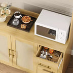 Meuble de rangement de cuisine en rotin 71 po, buffet avec support pour micro-ondes, étagères réglables et 6 crochets, naturel