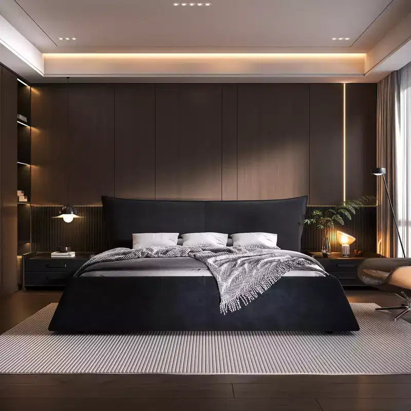 King Size Upholstered Platform Bed - Metal & Solid Wood Frame, Velvet Headboard, 1000 lbs