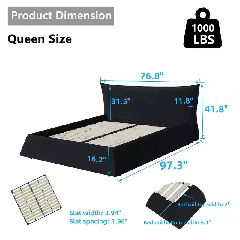 King Size Upholstered Platform Bed - Metal & Solid Wood Frame, Velvet Headboard, 1000 lbs
