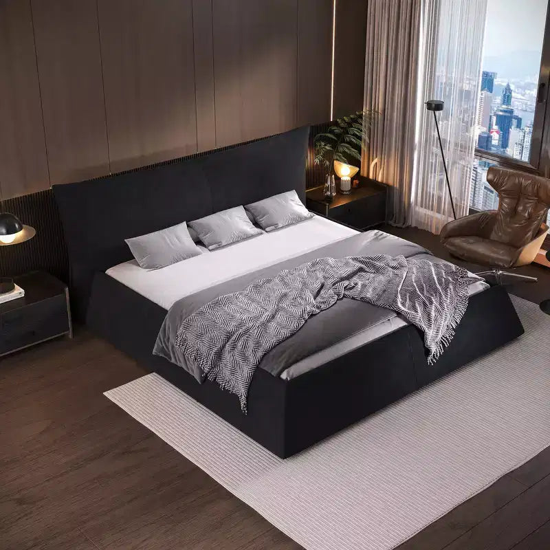 King Size Upholstered Platform Bed - Metal & Solid Wood Frame, Velvet Headboard, 1000 lbs