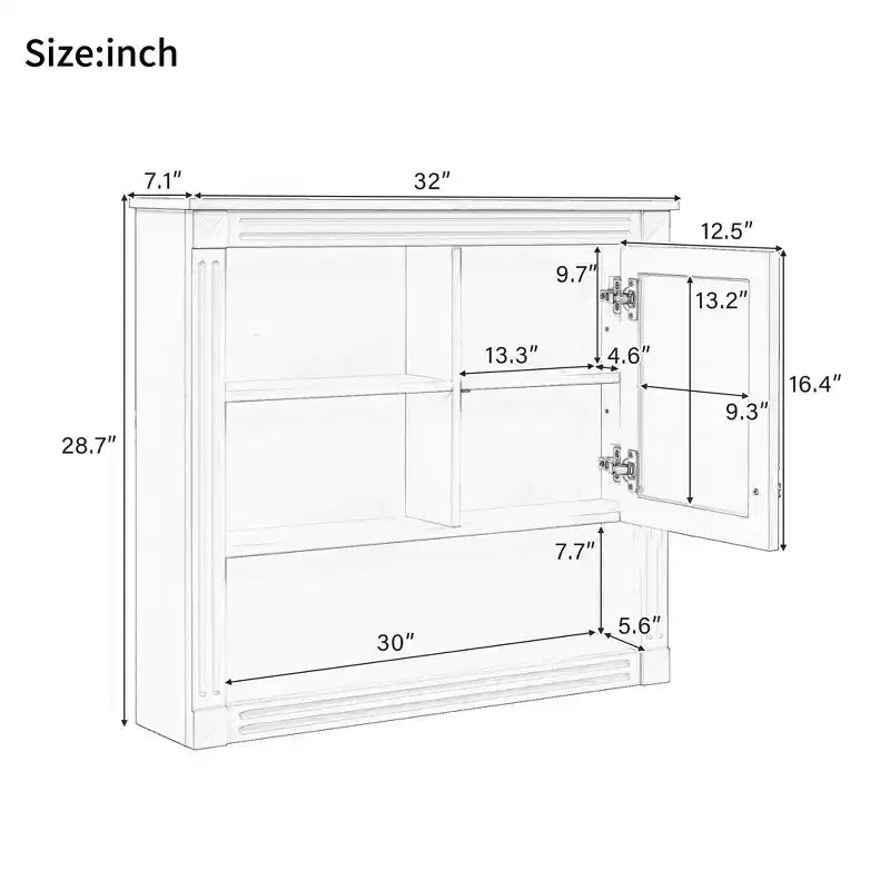 32"W x 28"H Wall Mirror Medicine Cabinet - MDF, 5 Removable Shelves, Soft-Close Hinges
