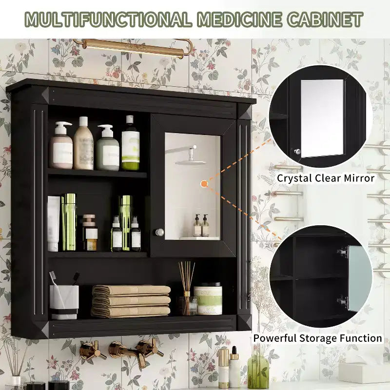 32"W x 28"H Wall Mirror Medicine Cabinet - MDF, 5 Removable Shelves, Soft-Close Hinges