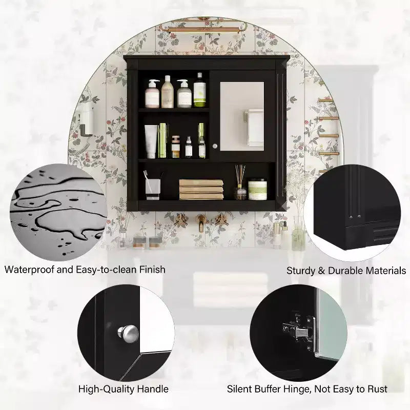 32"W x 28"H Wall Mirror Medicine Cabinet - MDF, 5 Removable Shelves, Soft-Close Hinges