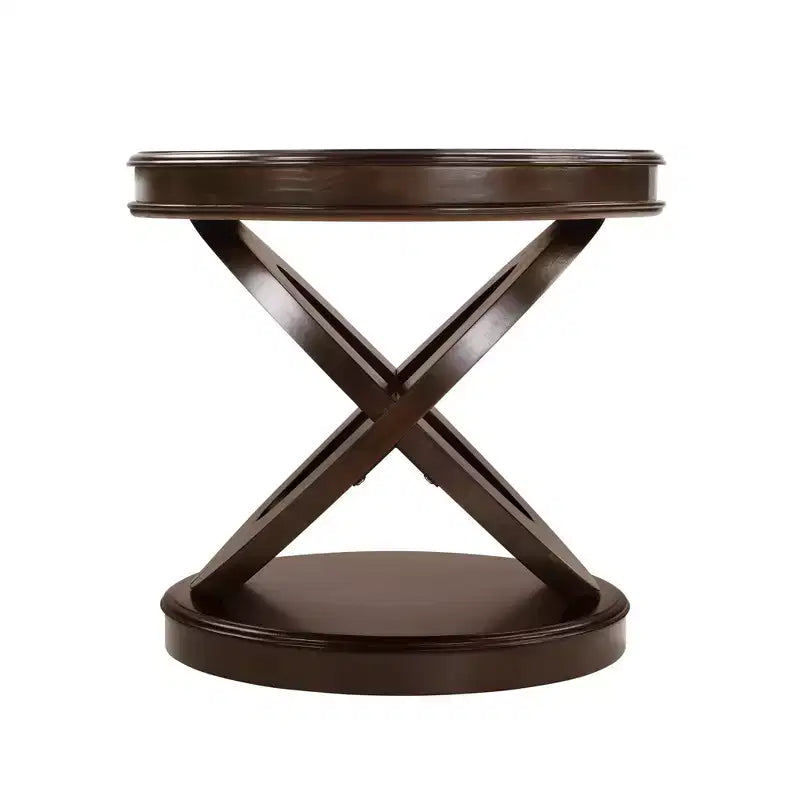 Retro Round End Table with X-Shape Base - Wood Veneer, 22" Diameter, Espresso