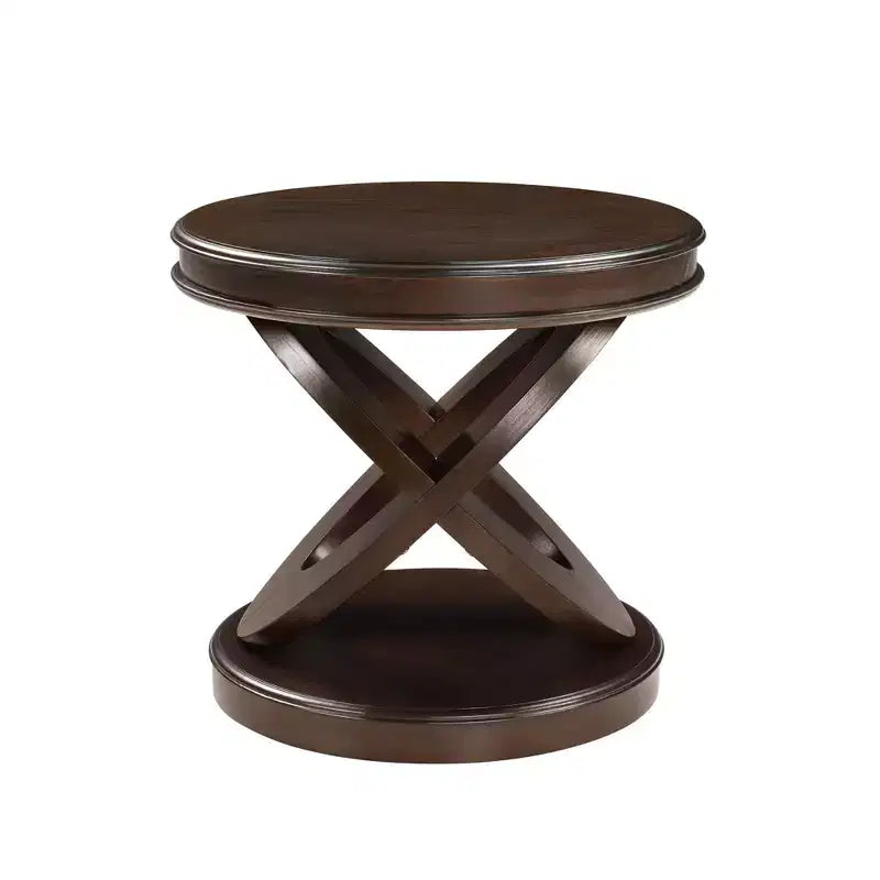 Retro Round End Table with X-Shape Base - Wood Veneer, 22" Diameter, Espresso