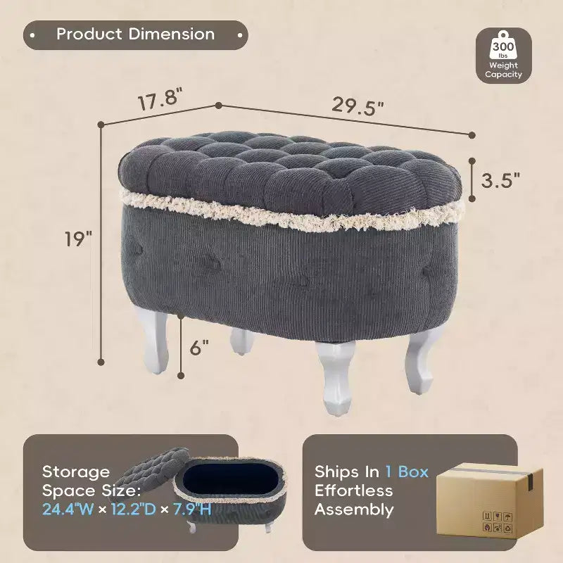 29.5" Upholstered Storage Bench with Button Tufting, Fringe & Lift Top - Bedroom & Living Room
