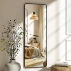 Miroir sur pied pleine longueur de 56 x 21 pouces, miroir rectangulaire à corps entier avec coins arrondis et support, noir, pour chambre à coucher et salon
