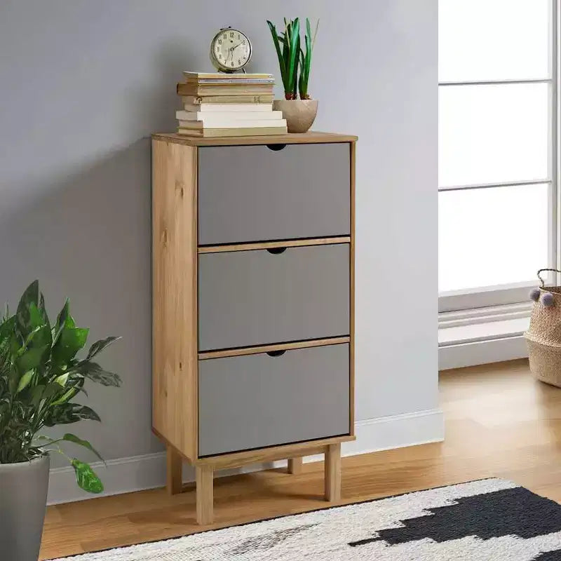 Solid Pine Wood Shoe Cabinet - Medium, Brown, 13.8"D x 21.7"W x 47.2"H
