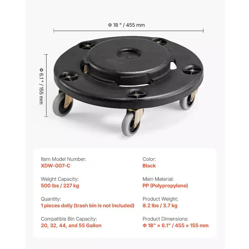 Trash Can Dolly - Fits 20, 32, 44, 55 Gallon Bins, 500 lbs Capacity, 4 Lockable Wheels, Black