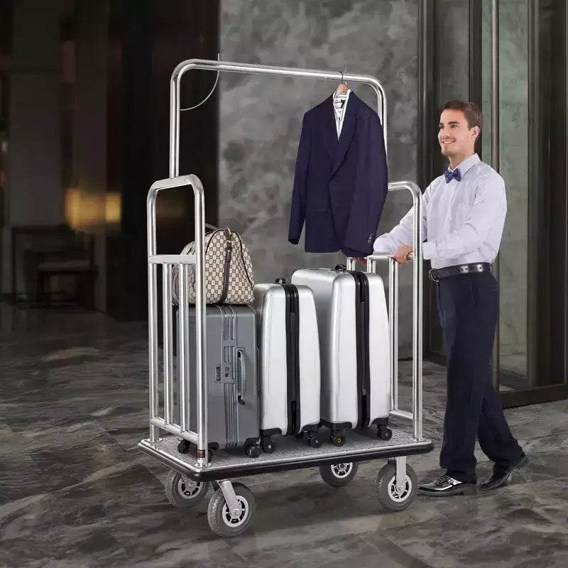 Hotel Luggage Cart - 1200 lbs Capacity, Brushed Stainless Steel, Grey Carpeted Deck, 8" Wheels