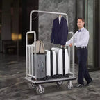 Chariot à bagages d'hôtel - Capacité de 544 kg, acier inoxydable brossé, plateau moquetté gris, roues de 20 cm