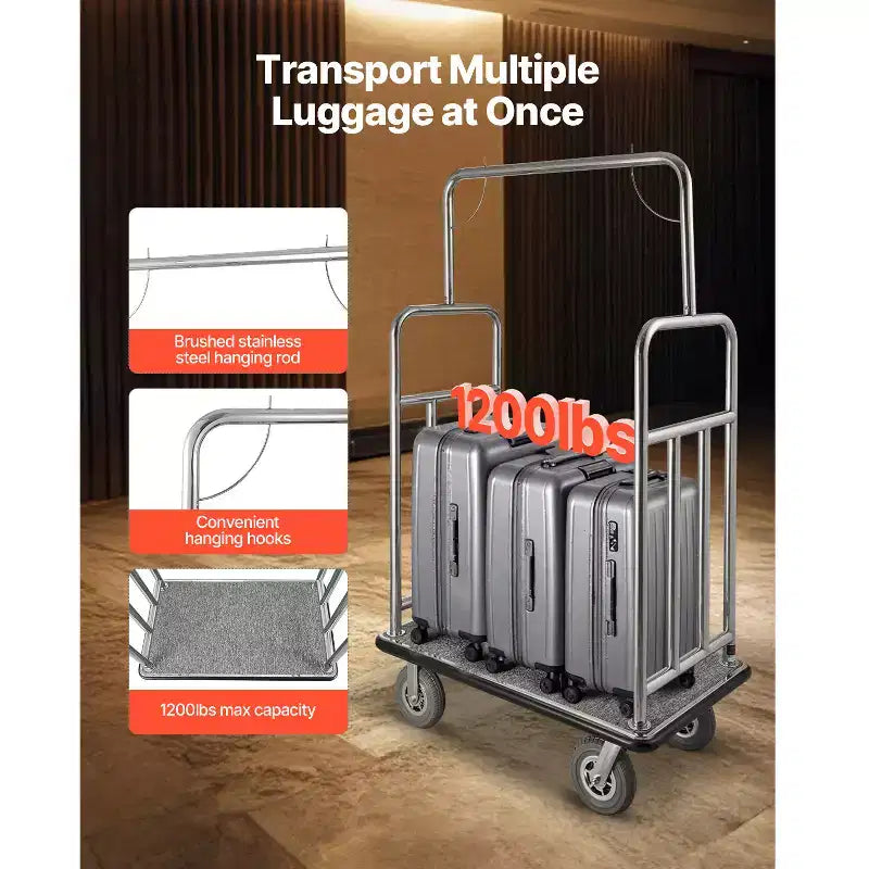 Hotel Luggage Cart - 1200 lbs Capacity, Brushed Stainless Steel, Grey Carpeted Deck, 8" Wheels