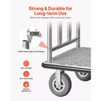 Chariot à bagages d'hôtel - Capacité de 544 kg, acier inoxydable brossé, plateau moquetté gris, roues de 20 cm