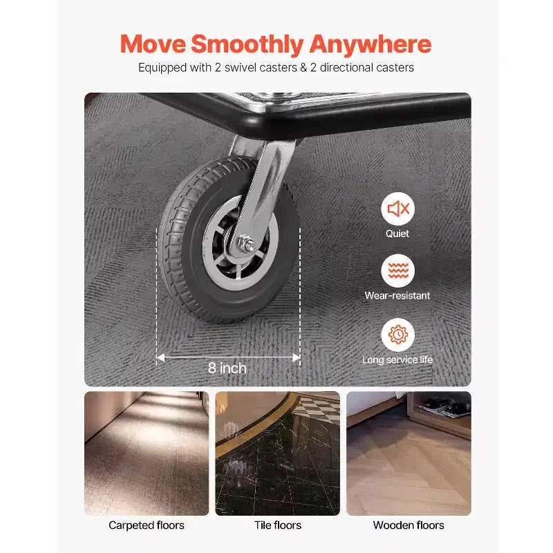Hotel Luggage Cart - 1200 lbs Capacity, Brushed Stainless Steel, Grey Carpeted Deck, 8" Wheels