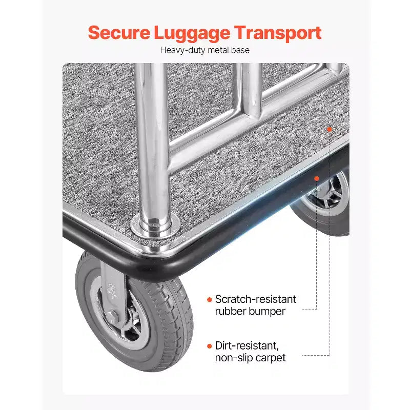 Hotel Luggage Cart - 1200 lbs Capacity, Brushed Stainless Steel, Grey Carpeted Deck, 8" Wheels