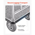 Chariot à bagages d'hôtel - Capacité de 544 kg, acier inoxydable brossé, plateau moquetté gris, roues de 20 cm