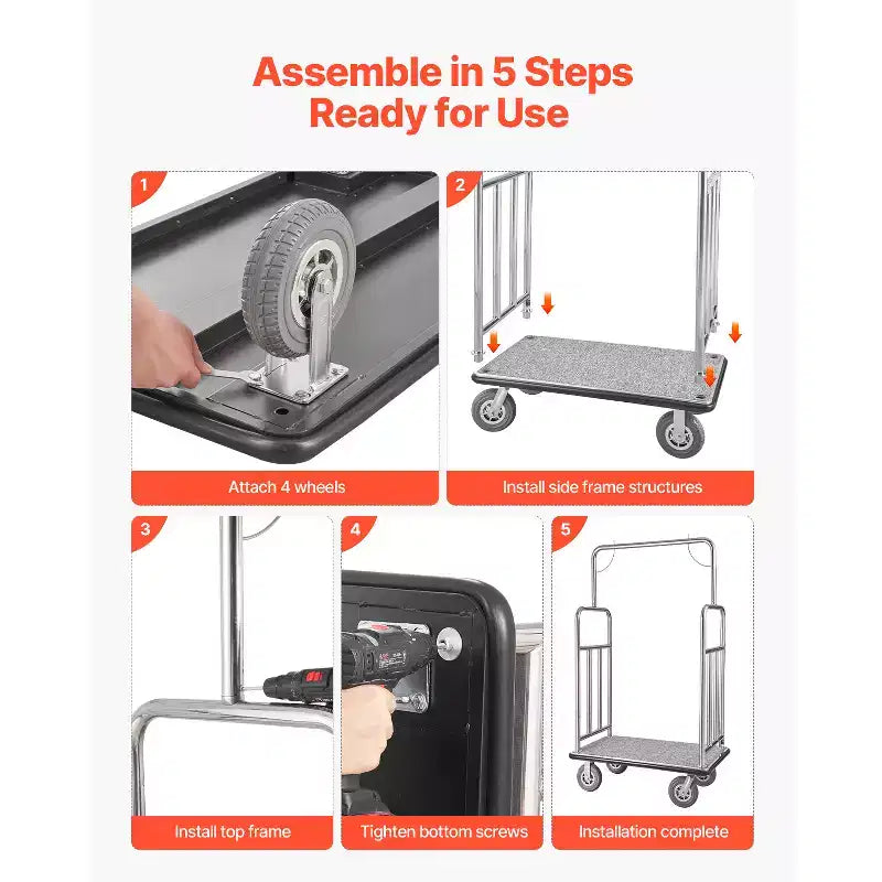 Hotel Luggage Cart - 1200 lbs Capacity, Brushed Stainless Steel, Grey Carpeted Deck, 8" Wheels