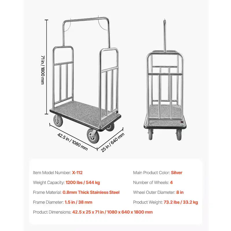 Hotel Luggage Cart - 1200 lbs Capacity, Brushed Stainless Steel, Grey Carpeted Deck, 8" Wheels