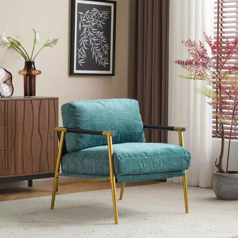 27.56" Modern Accent Chair with Plush Cushions, Metal Frame & Wooden Armrest