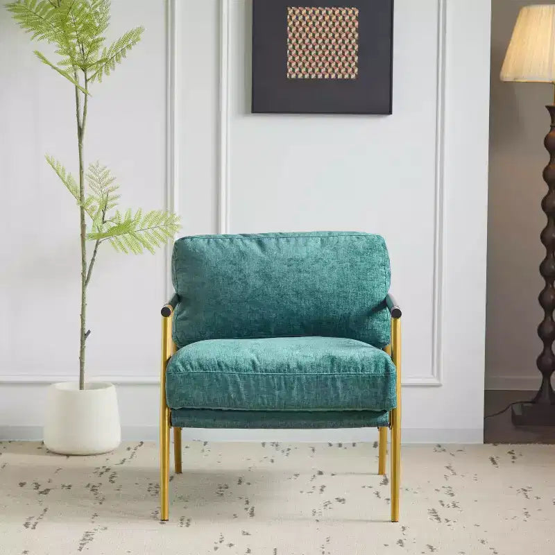 27.56" Modern Accent Chair with Plush Cushions, Metal Frame & Wooden Armrest