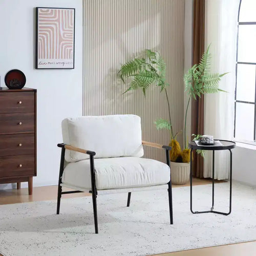 27.56" Modern Accent Chair with Plush Cushions, Metal Frame & Wooden Armrest