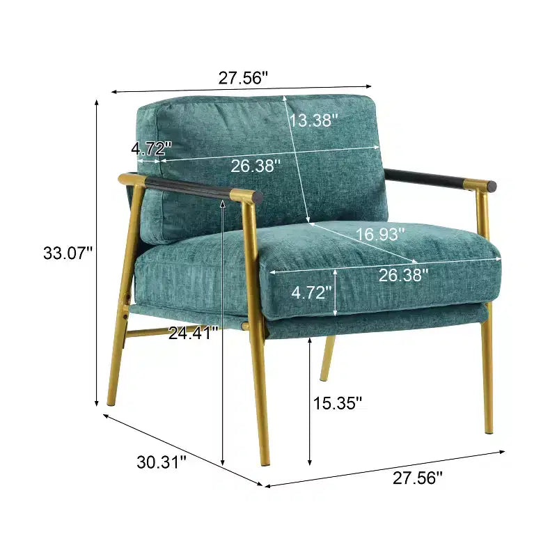 27.56" Modern Accent Chair with Plush Cushions, Metal Frame & Wooden Armrest