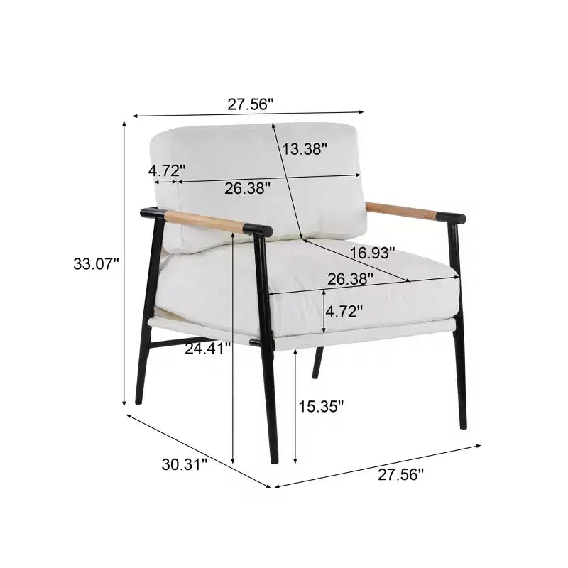 27.56" Modern Accent Chair with Plush Cushions, Metal Frame & Wooden Armrest