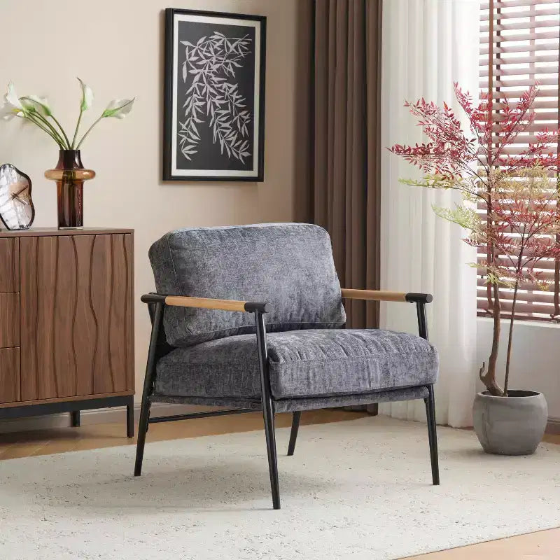 27.56" Modern Accent Chair with Plush Cushions, Metal Frame & Wooden Armrest