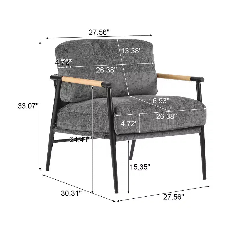 27.56" Modern Accent Chair with Plush Cushions, Metal Frame & Wooden Armrest