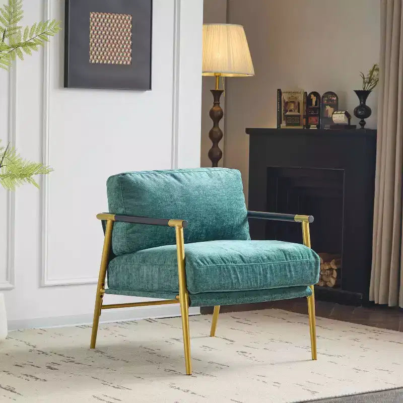 27.56" Modern Accent Chair with Plush Cushions, Metal Frame & Wooden Armrest