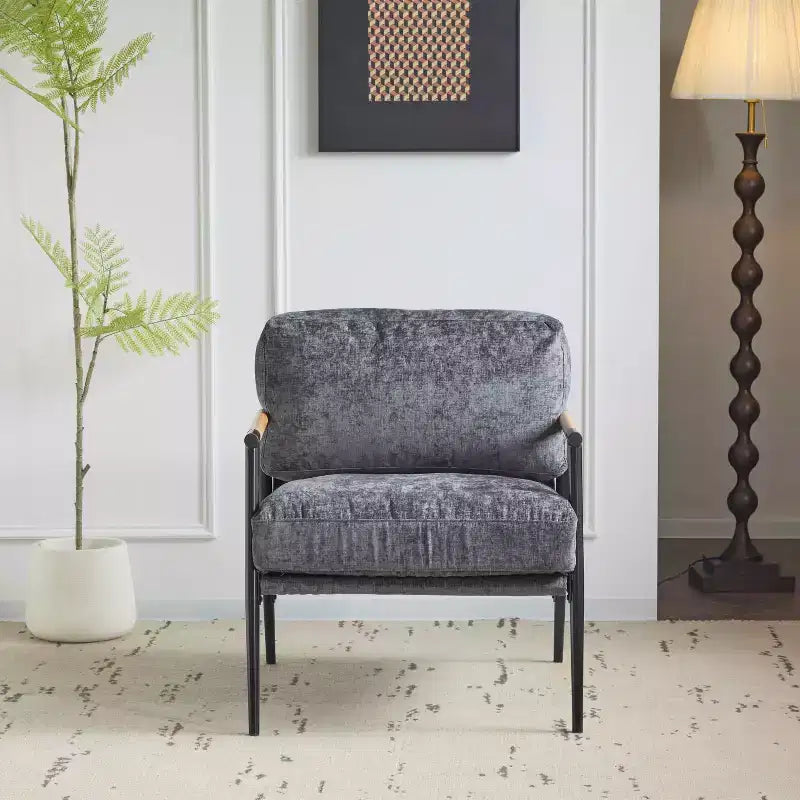 27.56" Modern Accent Chair with Plush Cushions, Metal Frame & Wooden Armrest