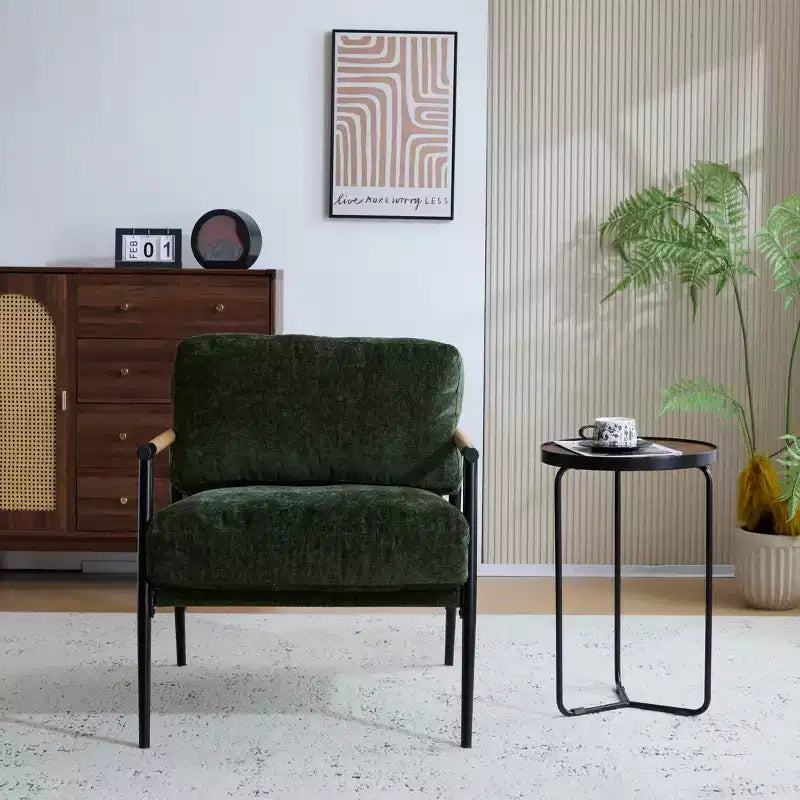 27.56" Modern Accent Chair with Plush Cushions, Metal Frame & Wooden Armrest