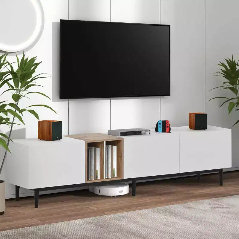 Modern TV Stand for TVs up to 80" with 3 Doors & Large Storage Cabinet - White