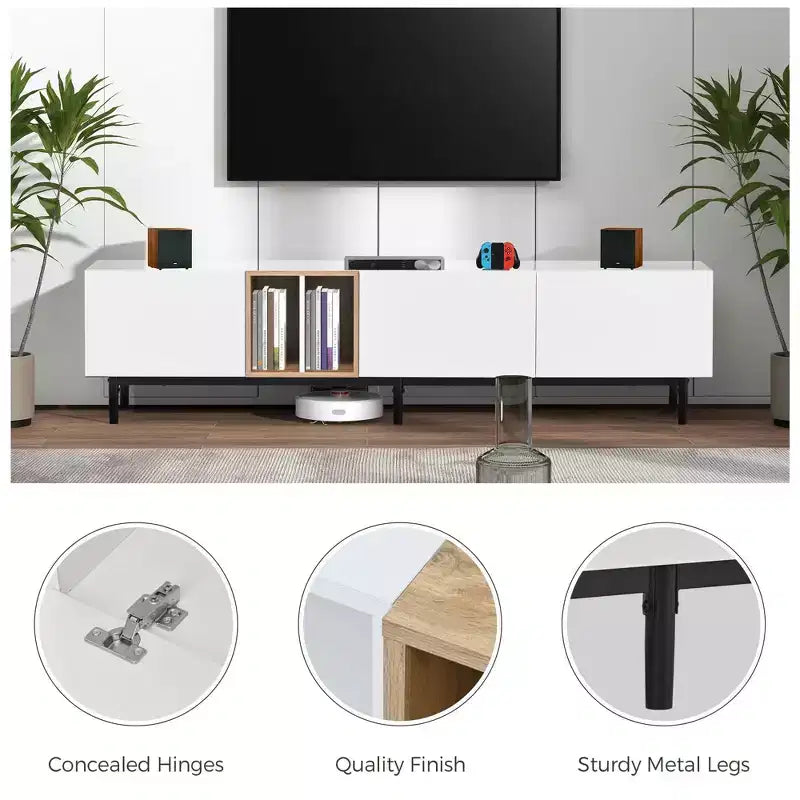 Modern TV Stand for TVs up to 80" with 3 Doors & Large Storage Cabinet - White