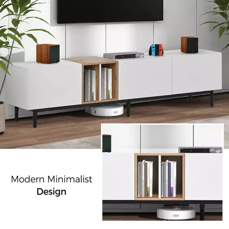 Modern TV Stand for TVs up to 80" with 3 Doors & Large Storage Cabinet - White